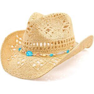 Women's Straw Wide with Shapeable Brim Cowboy Cowgirl Hatband Hat Blue & White